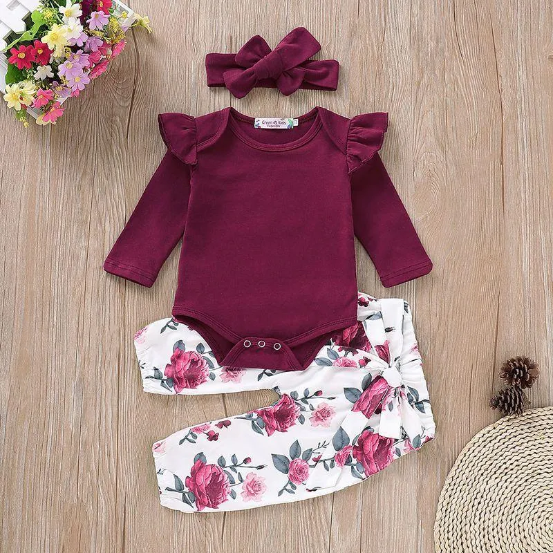 3-piece Solid Ruffle Bodysuit with Headband & Pants for Baby Girl Children's clothing wholesale