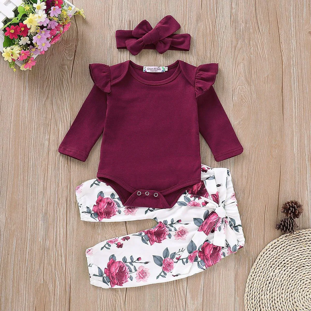 3-piece Solid Ruffle Bodysuit with Headband & Pants for Baby Girl Children's clothing wholesale