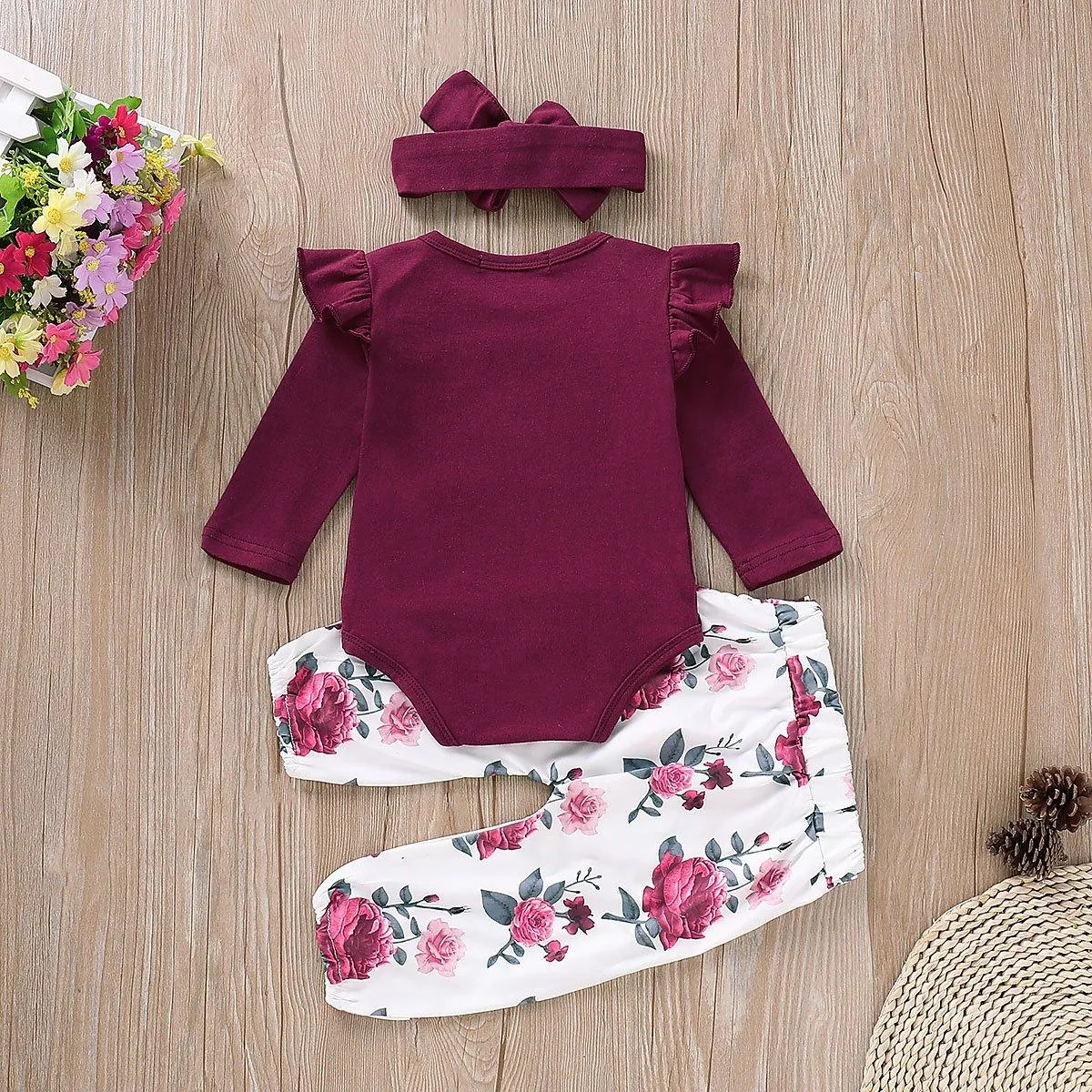 3-piece Solid Ruffle Bodysuit with Headband & Pants for Baby Girl Children's clothing wholesale