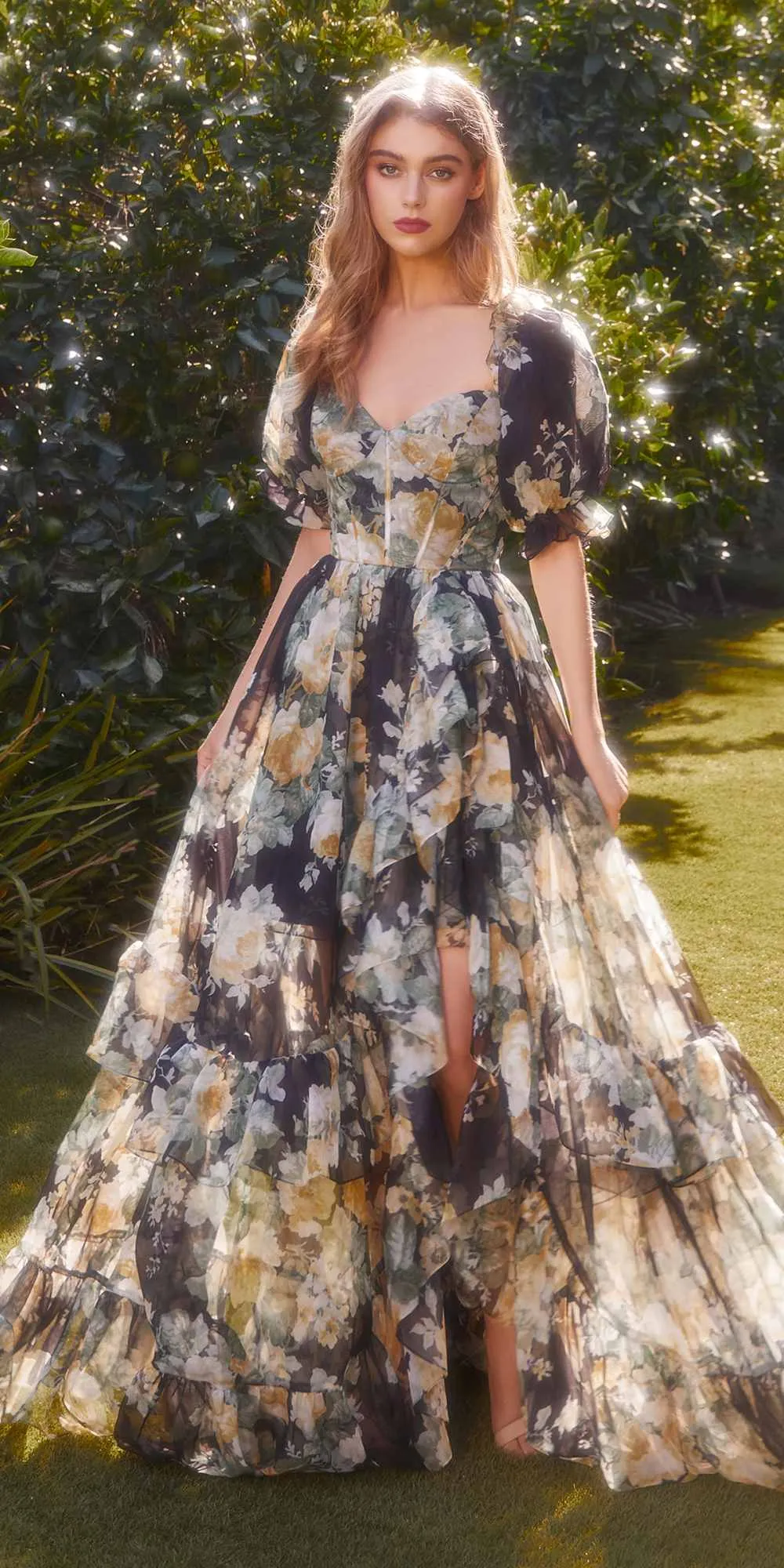 Andrea & Leo A1336 Long Floral Print Puff Sleeve A-line Gown