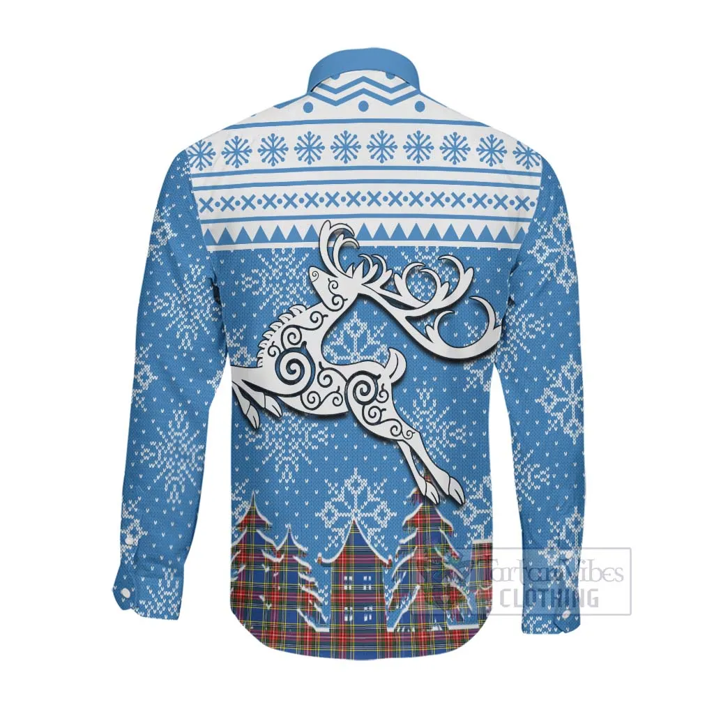 Bethune Clan Christmas Long Sleeve Button Shirt Celtic Reindeer Style