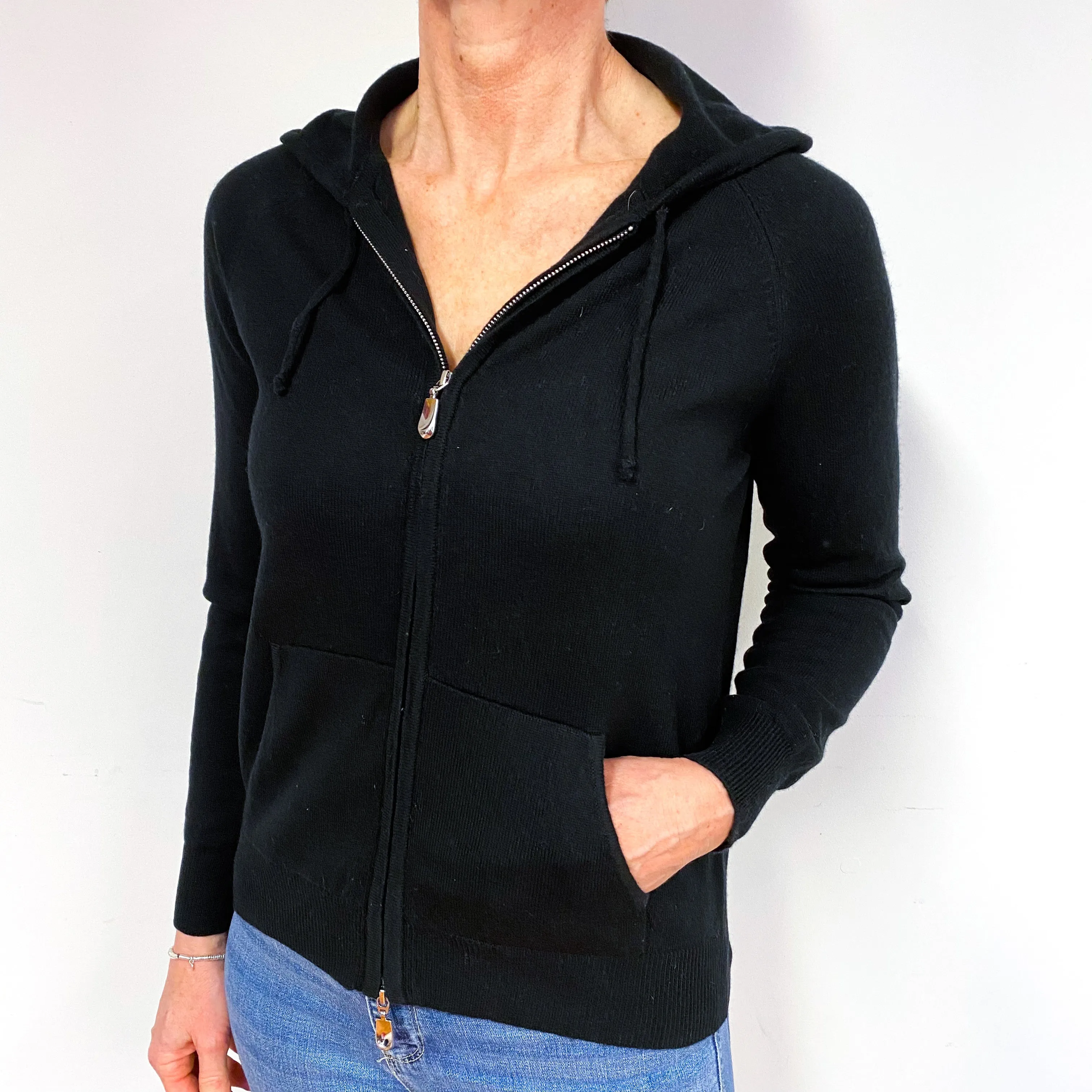 Black Zip Front Cashmere Hoodie Cardigan Medium