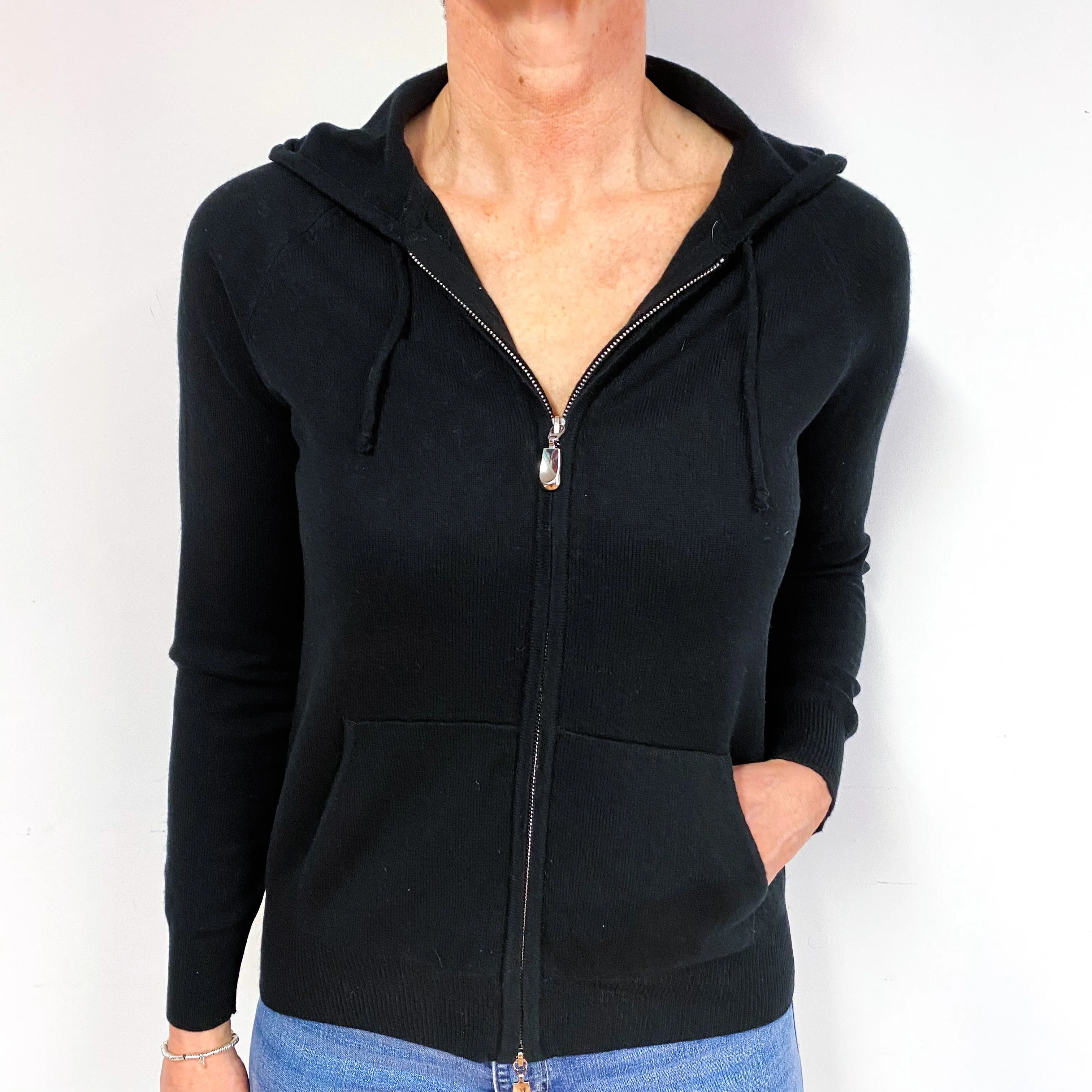Black Zip Front Cashmere Hoodie Cardigan Medium