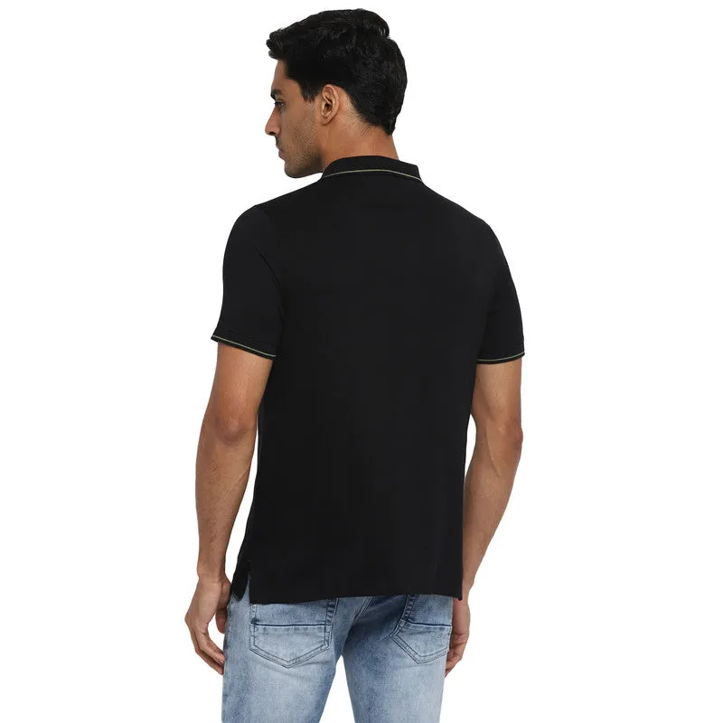 Cotton Black Solid Polo Neck T-Shirt