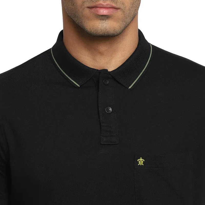 Cotton Black Solid Polo Neck T-Shirt