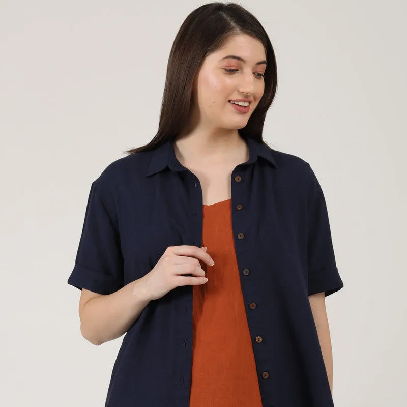 Cotton Linen Co Ord Set | Navy Blue & Rust | Set of 3