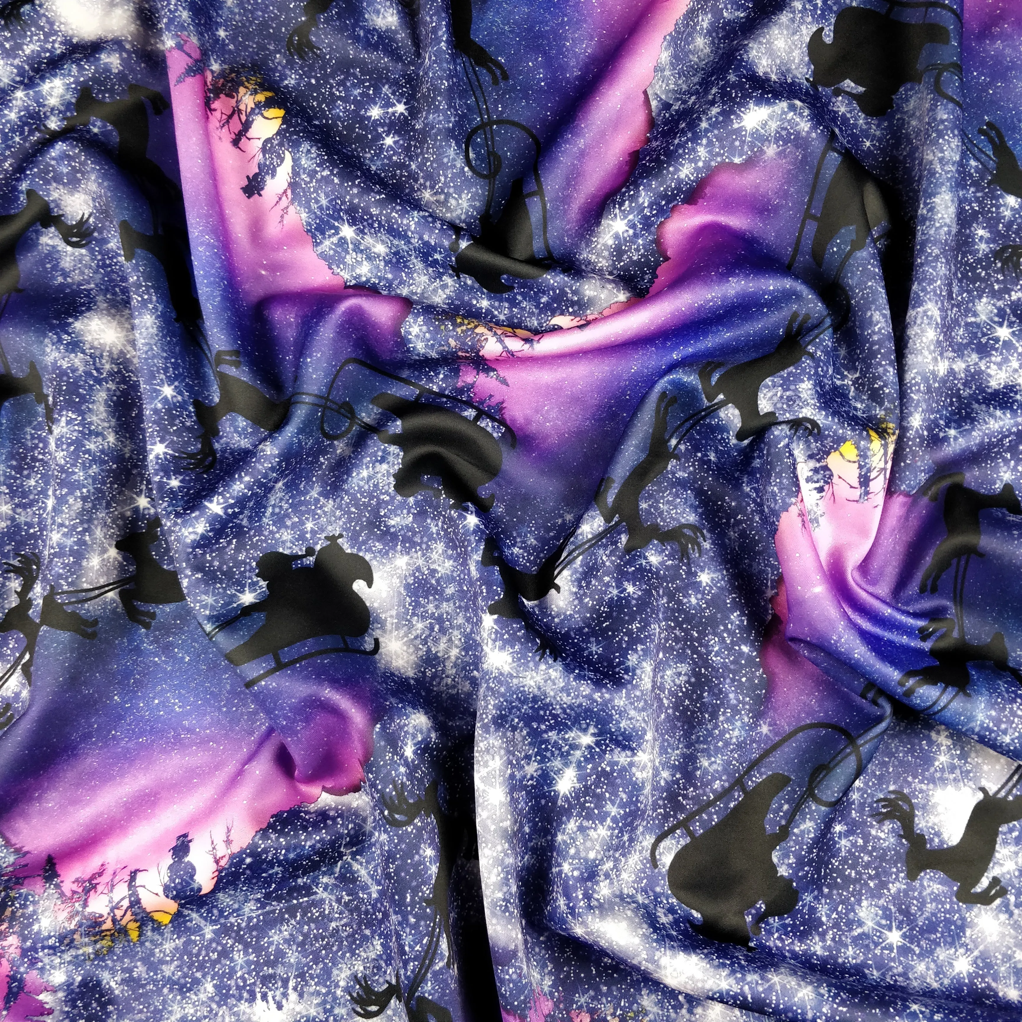 FS342 Galaxy Reindeer Scuba Stretch Knit Fabric Purple Black
