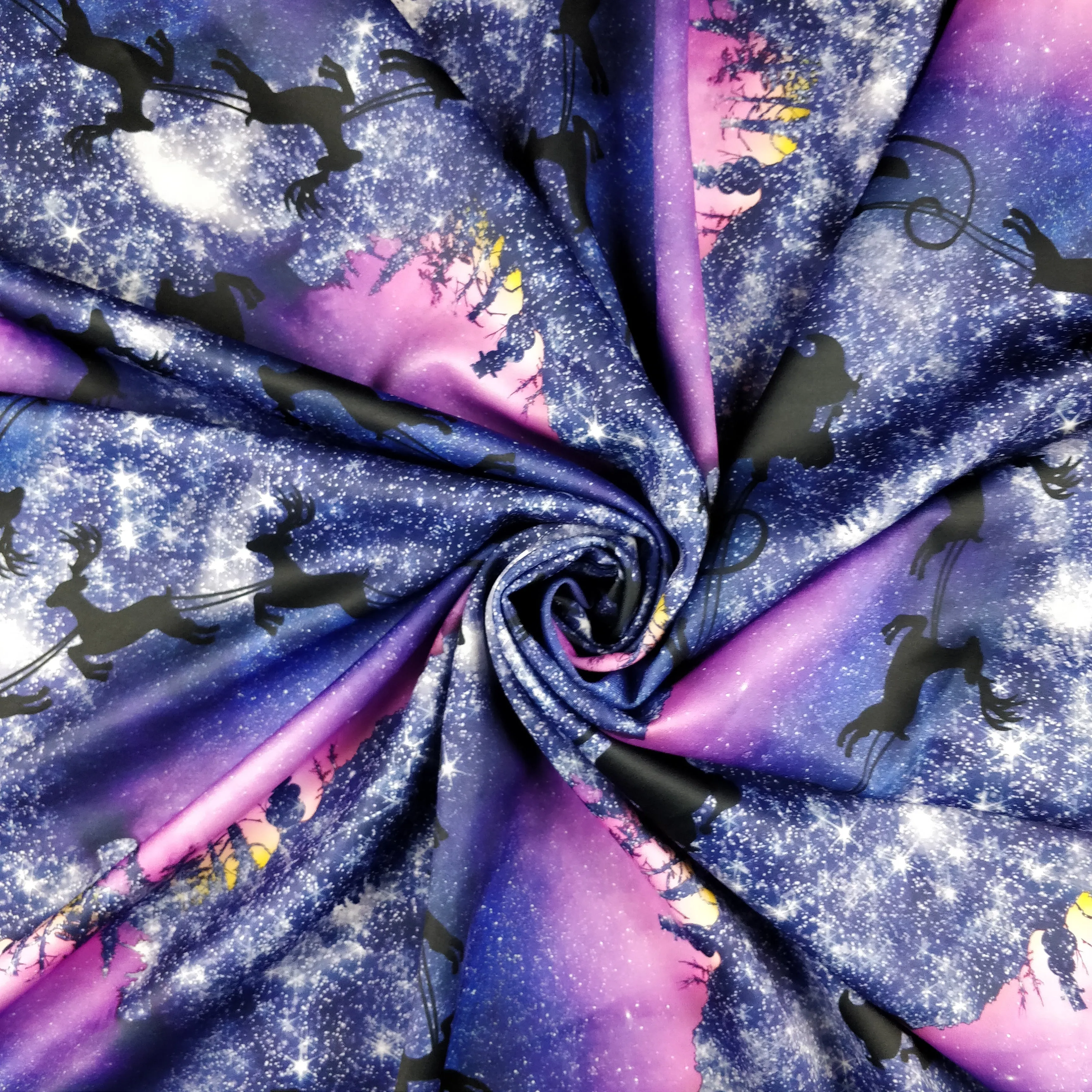 FS342 Galaxy Reindeer Scuba Stretch Knit Fabric Purple Black