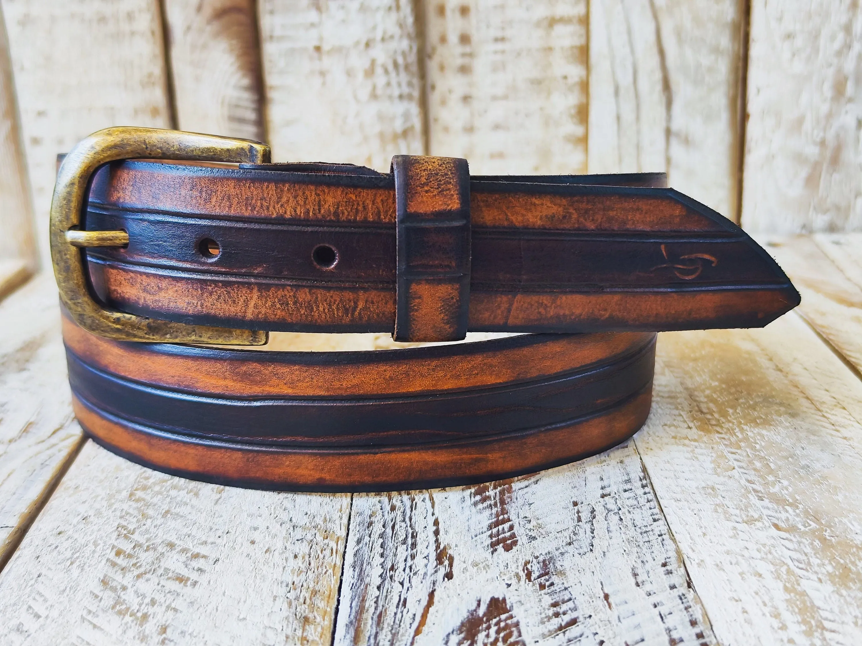 Handcrafted Leather Belt with Three Stripes in Shades of Brown and Bronze and Removable Buckle