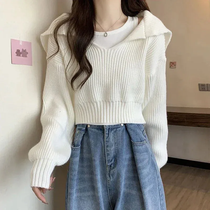 Hnewly Long Sleeve Cropped Sweater Women Autumn Winter Turn Down Collar Knitted Jumper Woman Korean Style Solid Color Jerseys