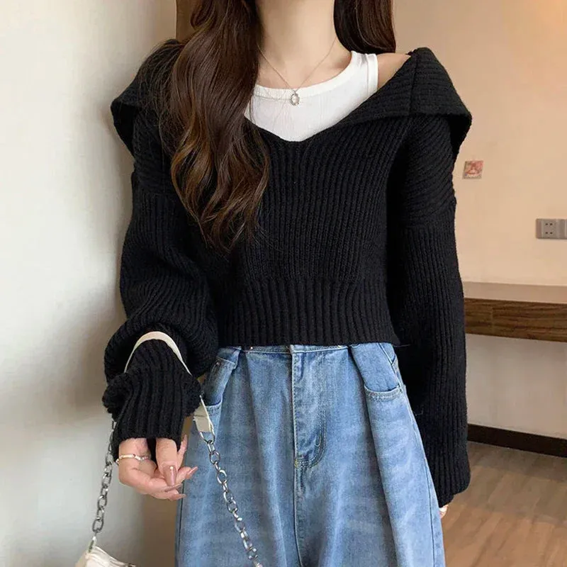 Hnewly Long Sleeve Cropped Sweater Women Autumn Winter Turn Down Collar Knitted Jumper Woman Korean Style Solid Color Jerseys