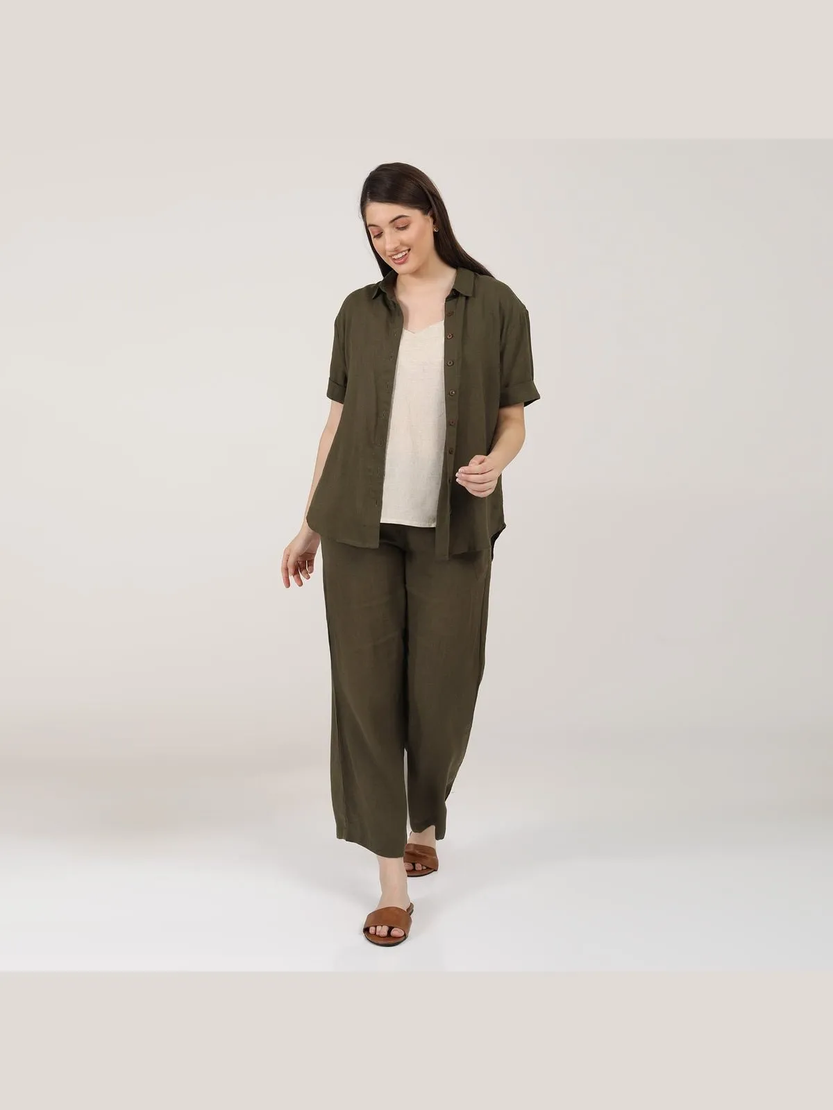 Linen Solid Slip Top with Shirt and Wide Leg Pants 3-Piece Co-ord Set