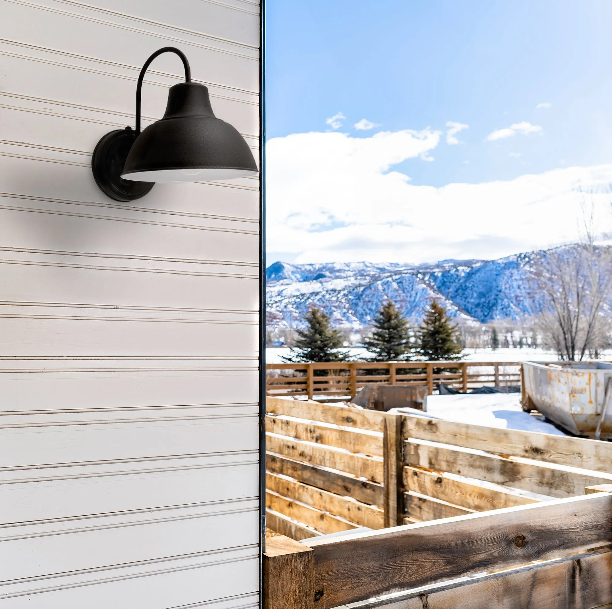 Oakhouse Dusk to Dawn 8.5” Barn Light or Farmhouse Wall Light, Wet Location, White Reflective Shade, Black, Galvanize or Rustic Bronze Finish Available