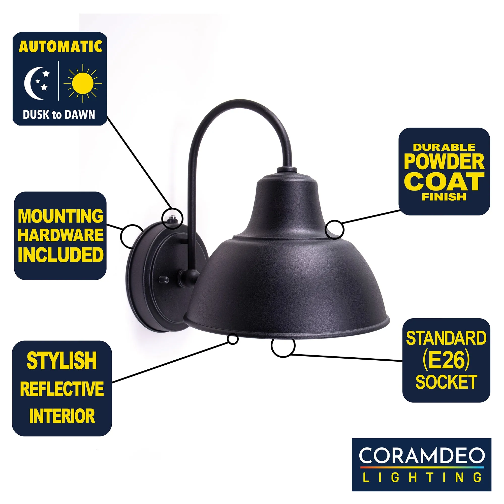 Oakhouse Dusk to Dawn 8.5” Barn Light or Farmhouse Wall Light, Wet Location, White Reflective Shade, Black, Galvanize or Rustic Bronze Finish Available