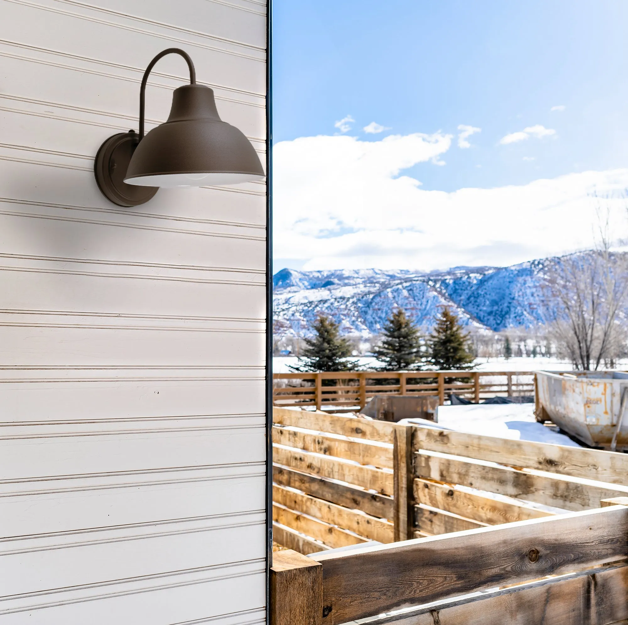 Oakhouse Dusk to Dawn 8.5” Barn Light or Farmhouse Wall Light, Wet Location, White Reflective Shade, Black, Galvanize or Rustic Bronze Finish Available