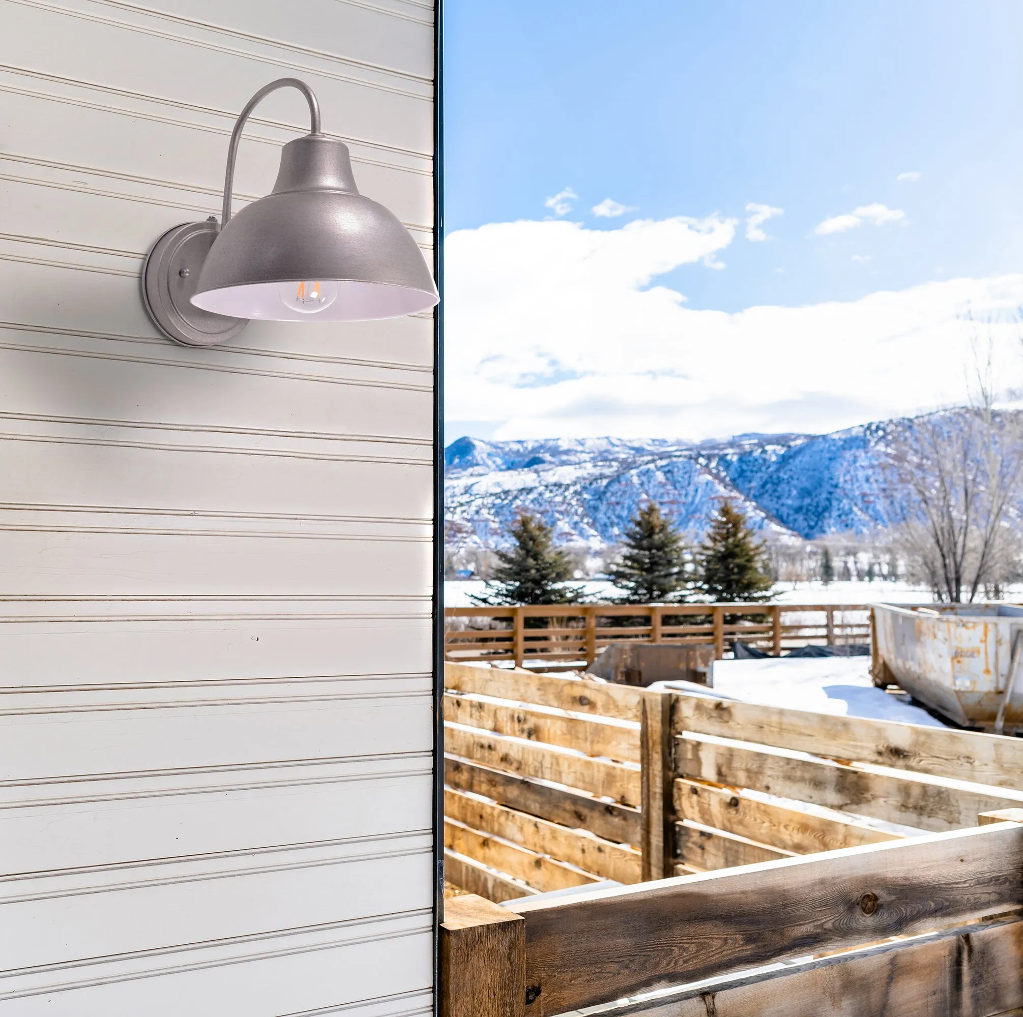 Oakhouse Dusk to Dawn 8.5” Barn Light or Farmhouse Wall Light, Wet Location, White Reflective Shade, Black, Galvanize or Rustic Bronze Finish Available
