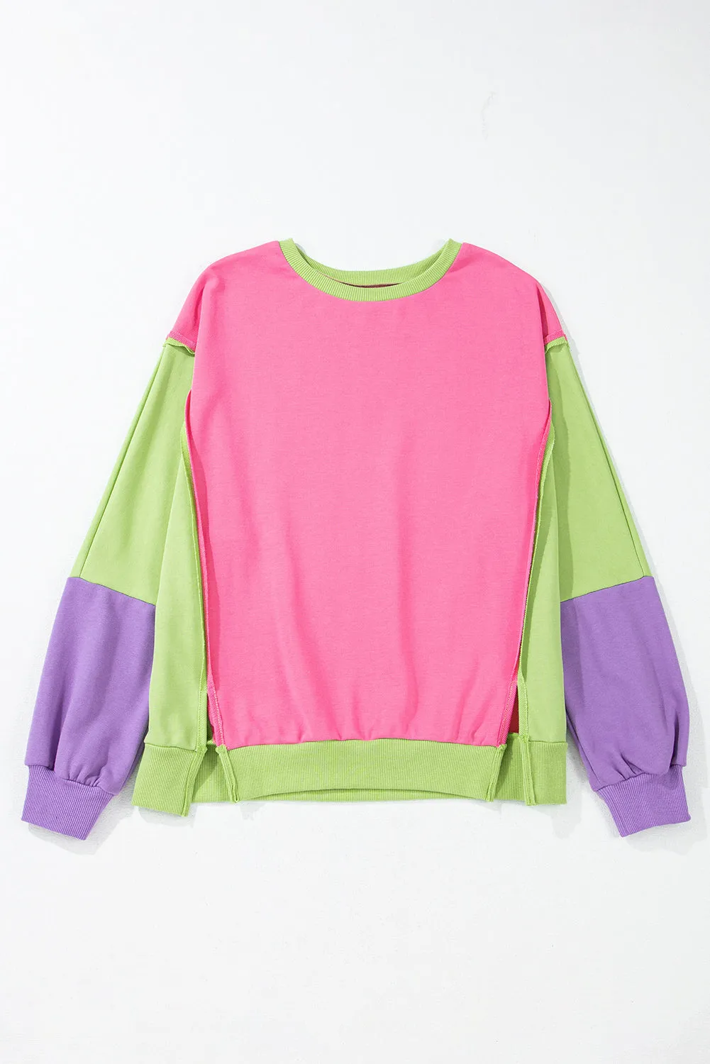 Pink Colorblock Exposed Seam Crewneck Casual Sweatshirt