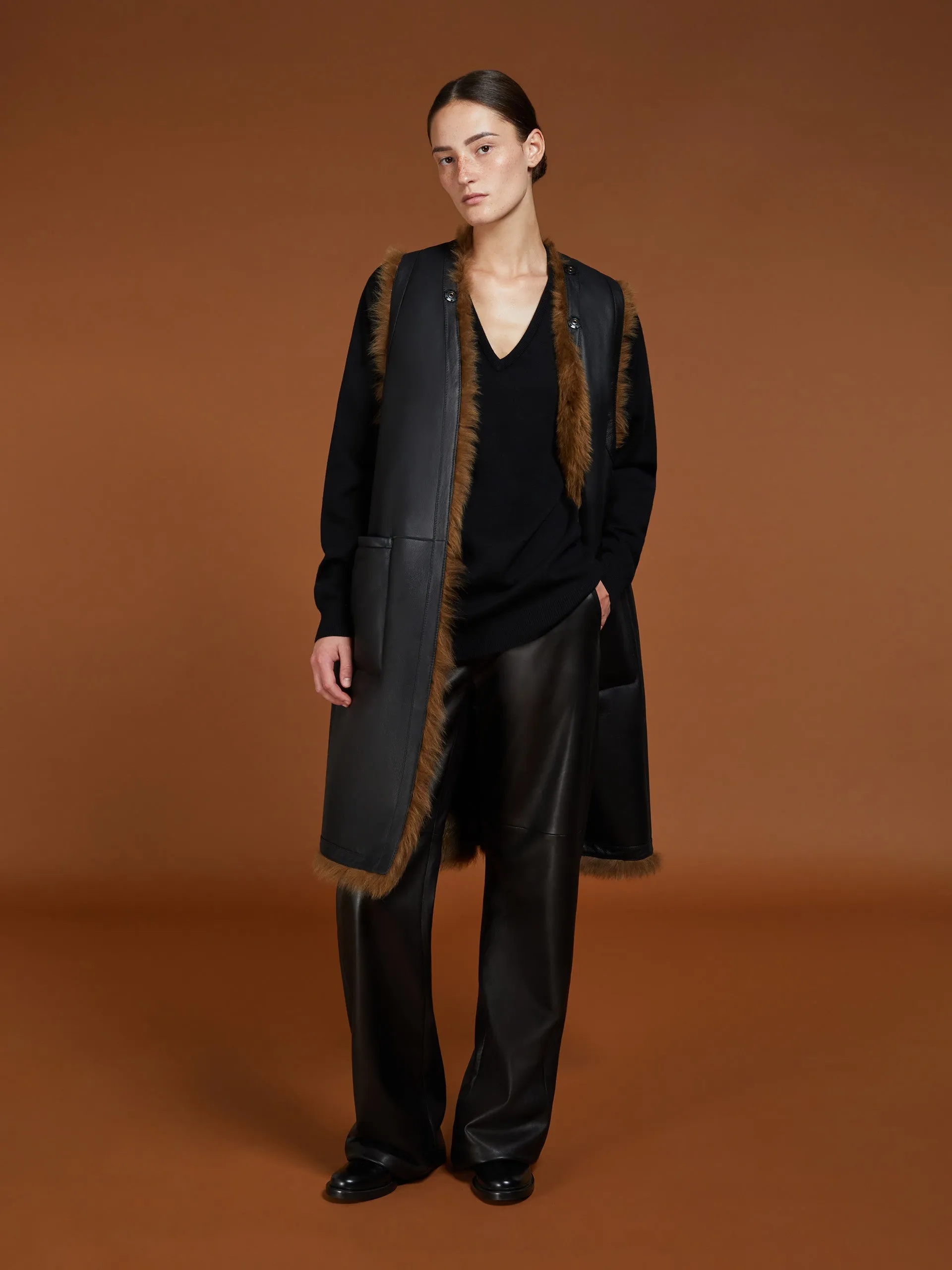 Reversible shearling gilet coat
