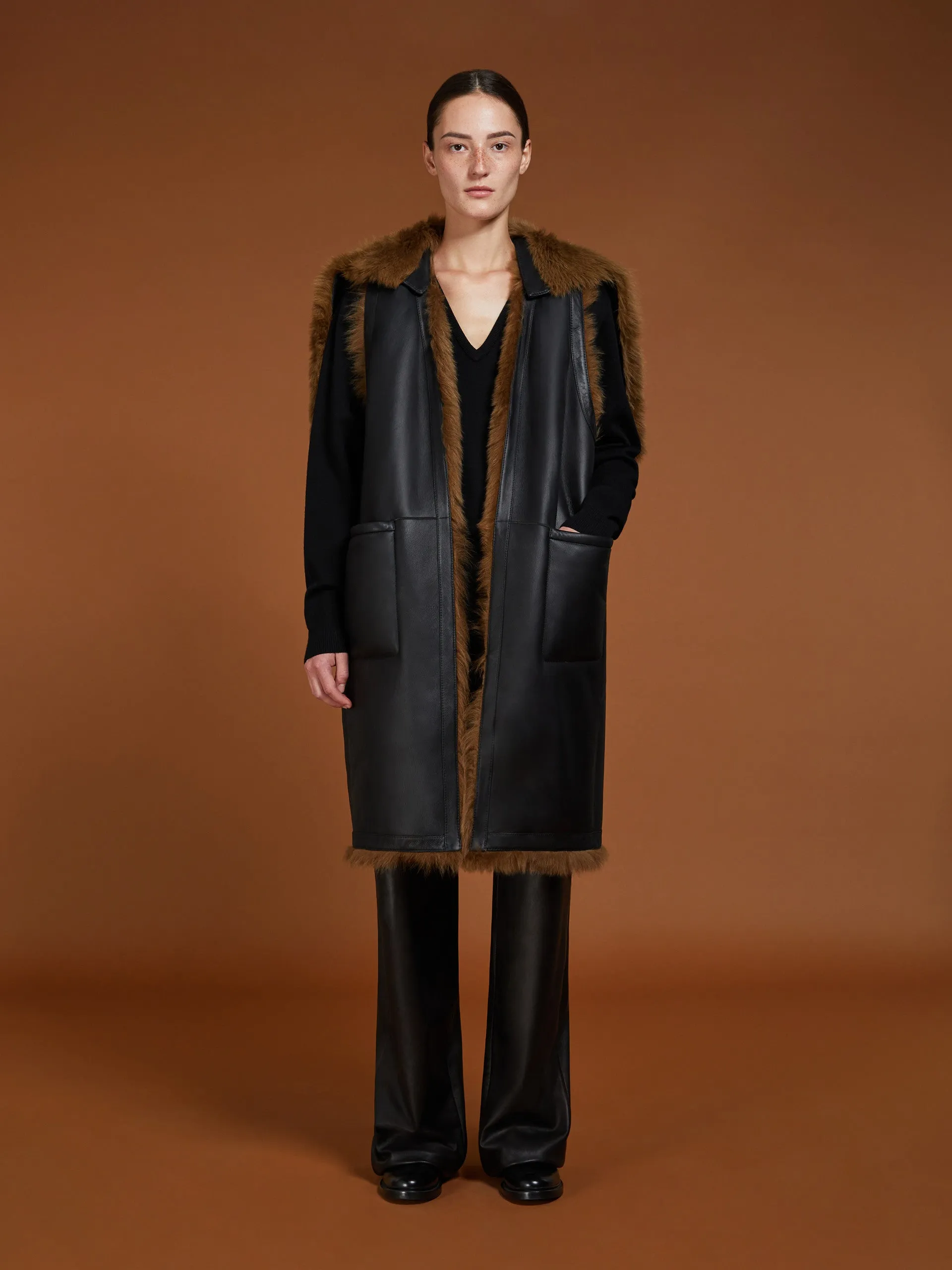 Reversible shearling gilet coat