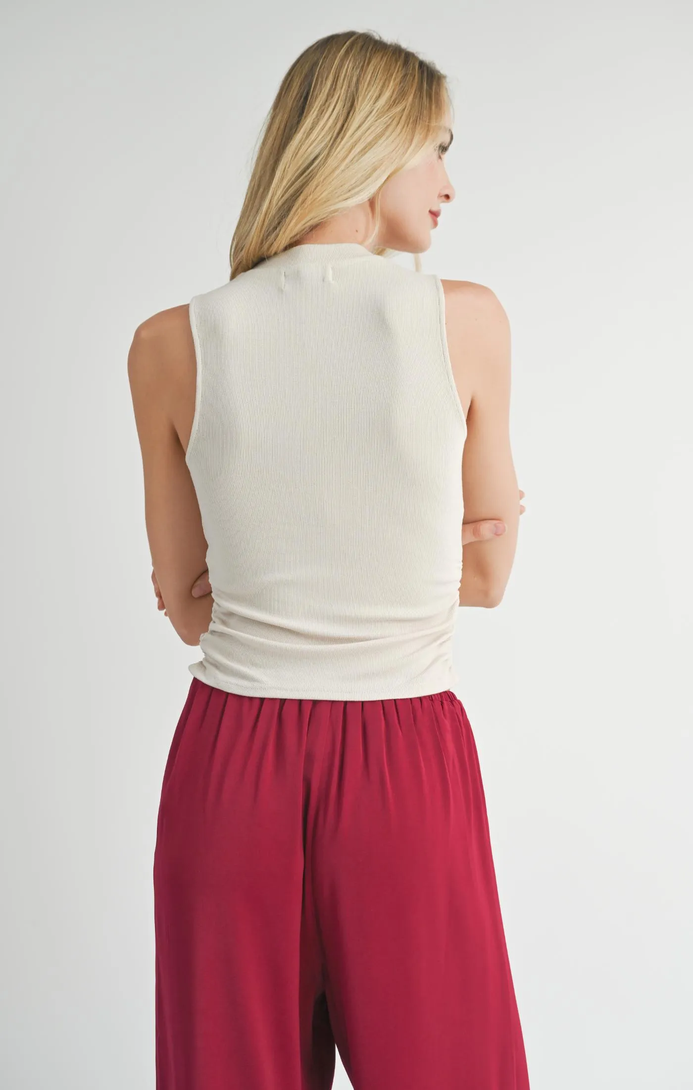 Ronan Mock Neck Ruched Knit Tank - Cream