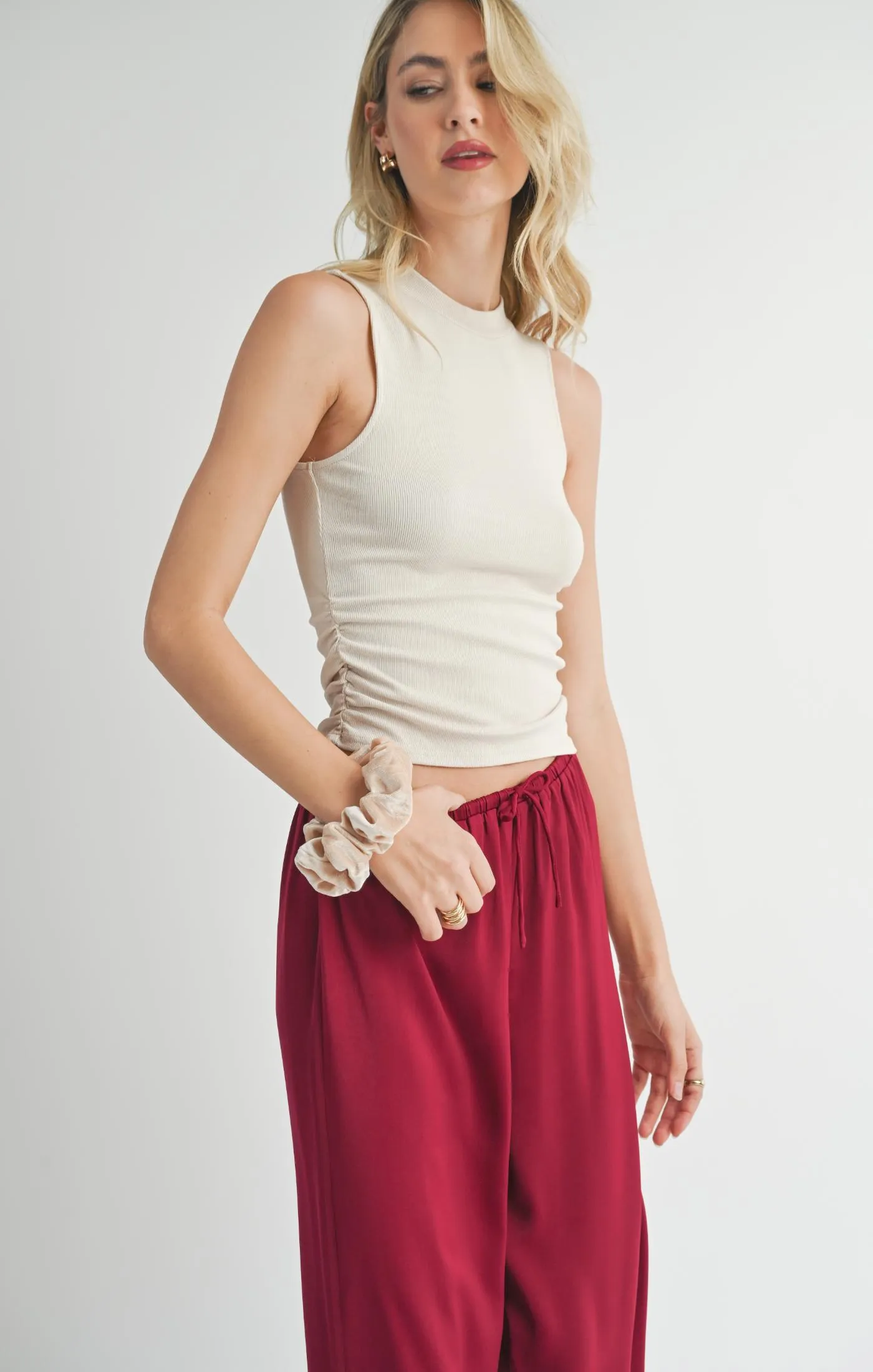 Ronan Mock Neck Ruched Knit Tank - Cream