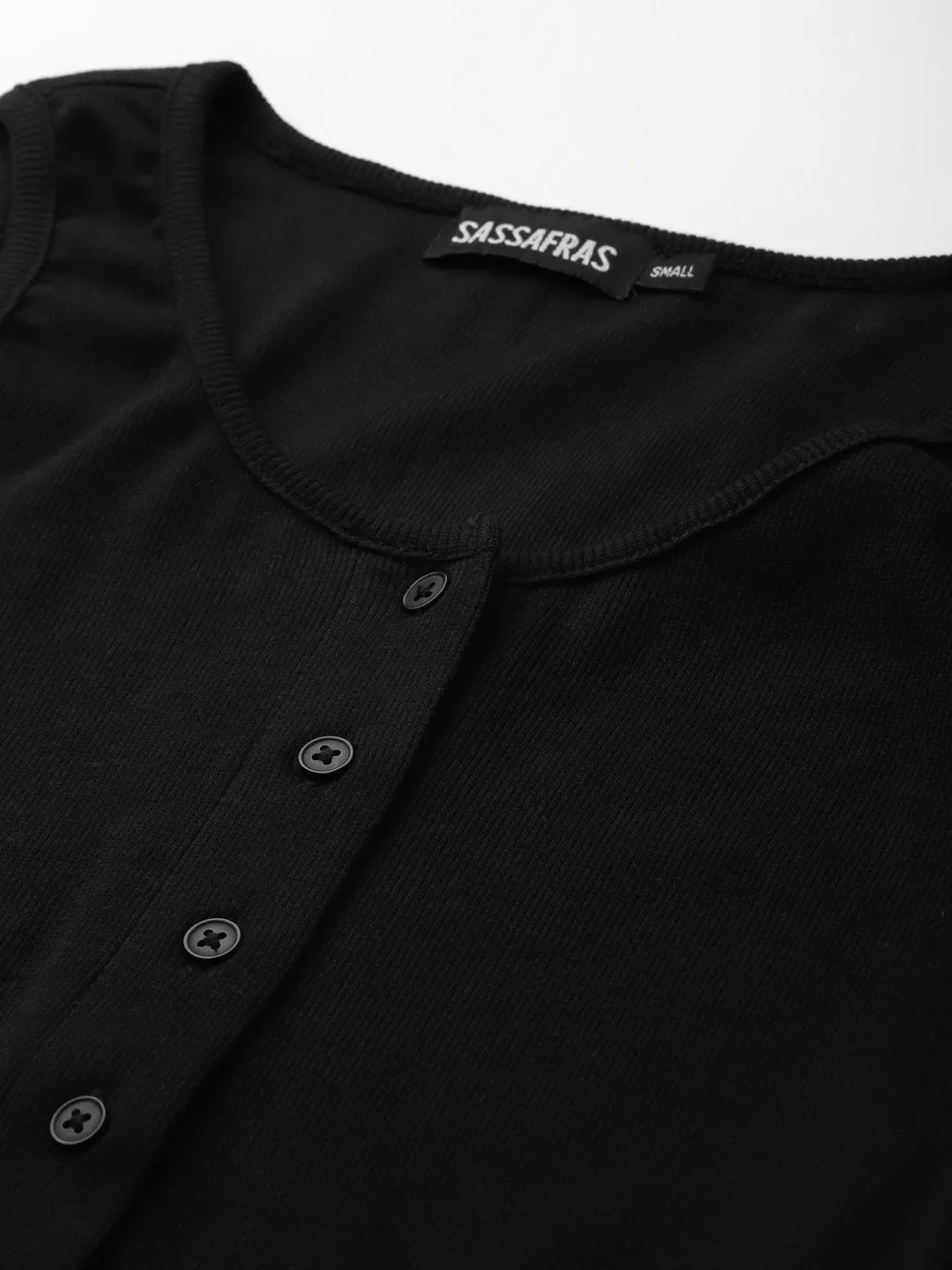 Women Black Front Button Sleeveless Rib Crop Top