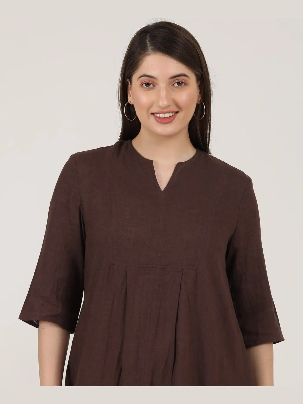 Women Linen Solid  Panelled V-Neck Dress