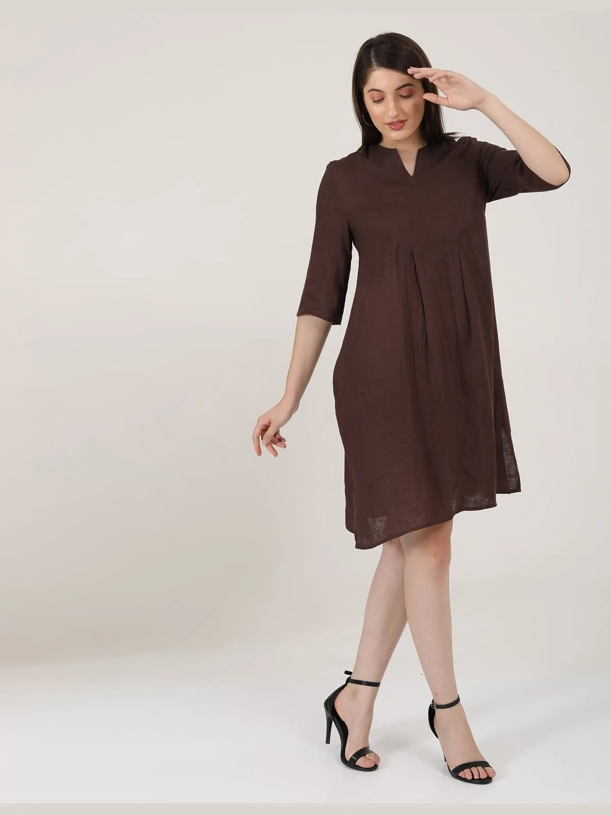 Women Linen Solid  Panelled V-Neck Dress