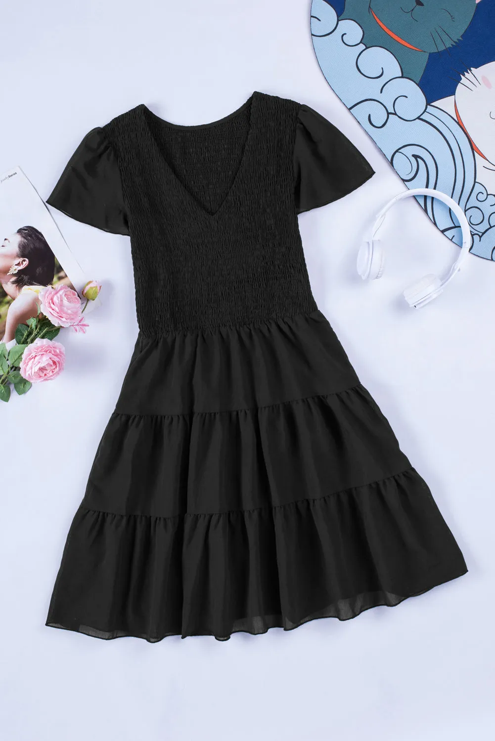 Womens Ruffle Sleeve Layered Mini Dress Smocked Flowy Mini Dress